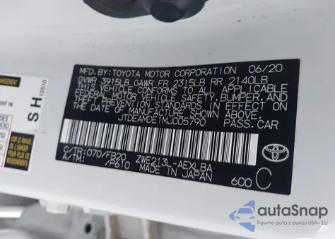 2021 Toyota Corolla Hybrid Le from USA, damaged, VIN JTDEAMDE1MJ005790